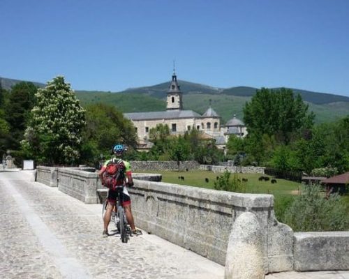 Hombre en bicicleta detenido frente a un monumento, disfrutando de la vista.