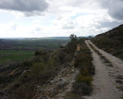 Vista de un camino de tierra elevado que serpentea por el monte, ideal para rutas.
