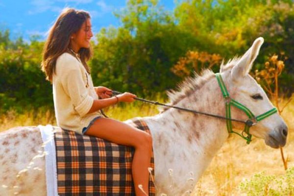 Persona montada sobre un burro en un entorno rural en El Capriolo